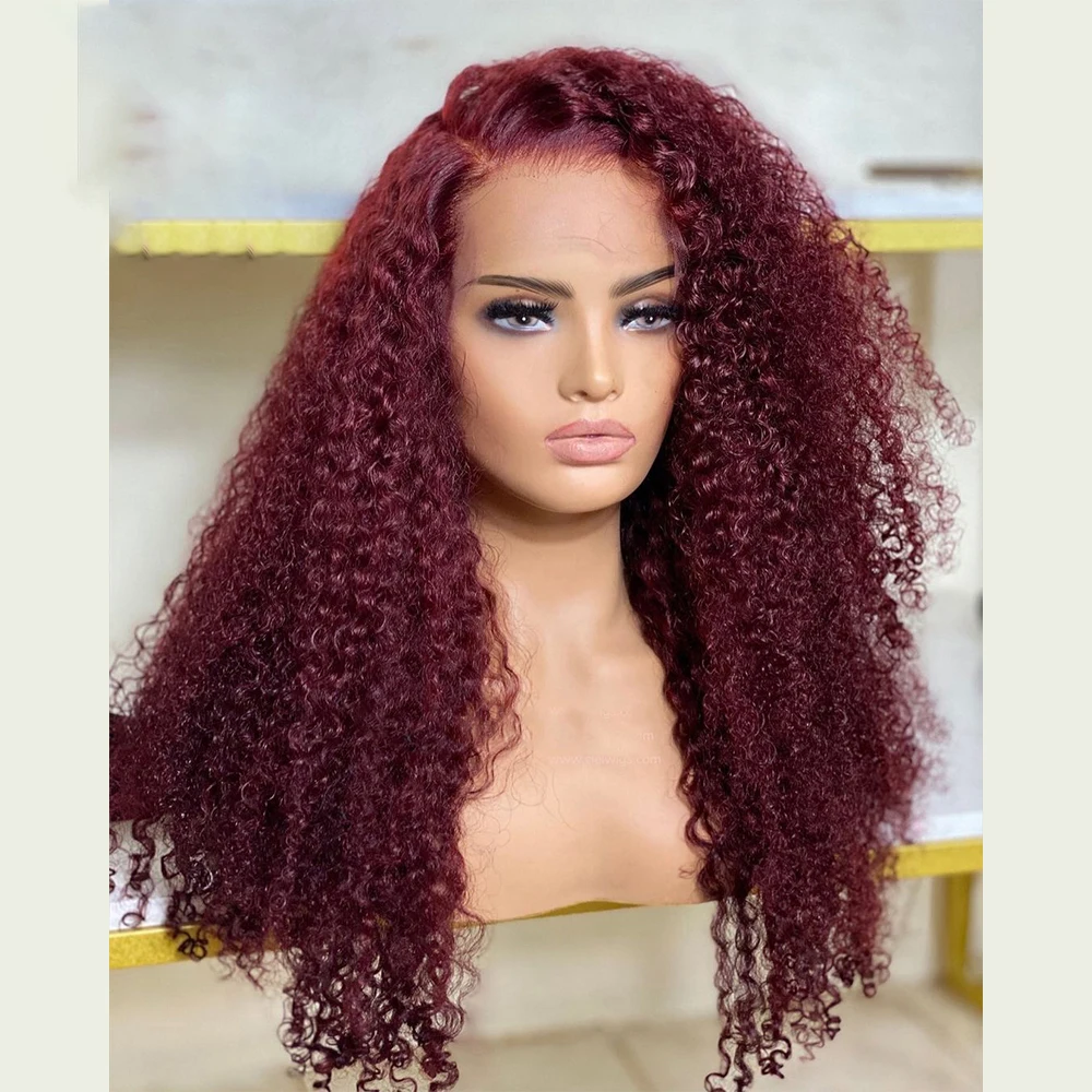 

Burgundy 26Inch Long 180%Density Glueless 99j Kinky Curly Lace Front Wig For Black Women With BabyHair Heat Temperature Daily