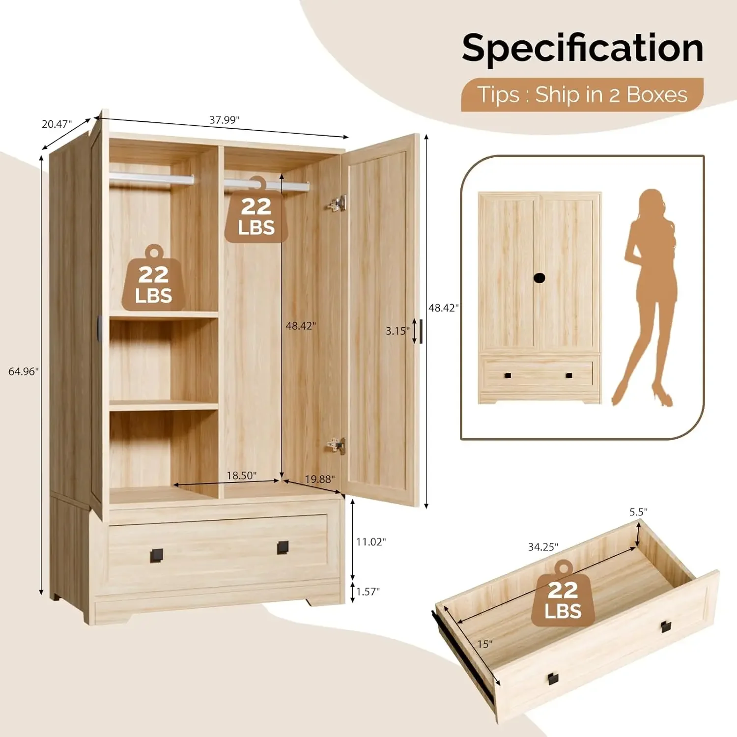 Wardrobe Closet, Armoires and Wardrobes with Doors,Hanging Rod, Shelves and Drawer, Freestanding Closet Wardrobe Cabinet, Oak