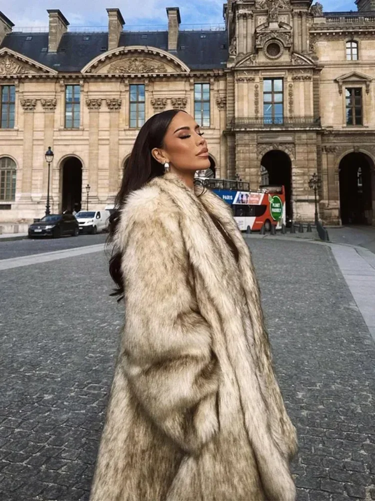 Damen-Mix-Farbe, Kunstpelz, Kunstpelz, lange Jacke, lässig, volle Ärmel, Taschen-Revers-Mantel, 2025, elegantes Büro, Pendeln, tägliche Oberbekleidung