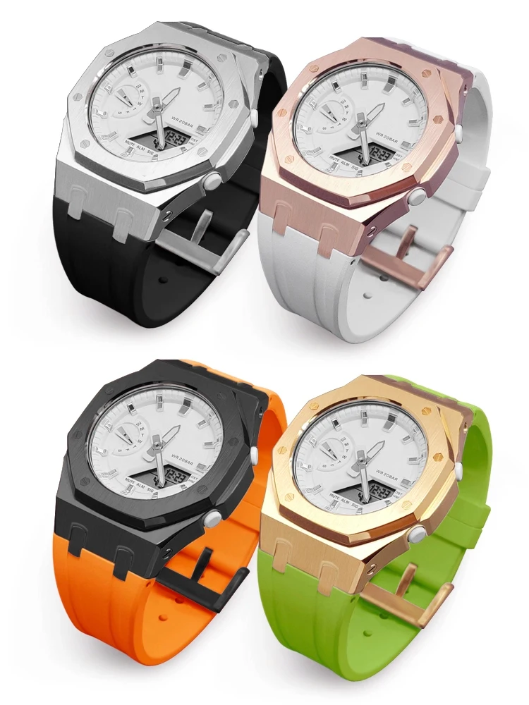 GMA-S2100 طقم عصري الفولاذ المقاوم للصدأ ساعة حزام المطاط سوار ل كاسيو G-SHOCK البلوط GMA S2100 المرأة حزام ساعة معدني مجموعة