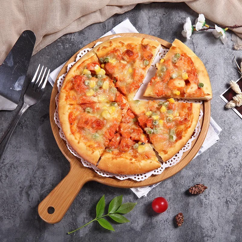 Wooden Pizza Board Round With Hand Pizza Baking Tray Pizza Stone Cutting Board Platter Pizza Cake Bakeware Kitchen Tools