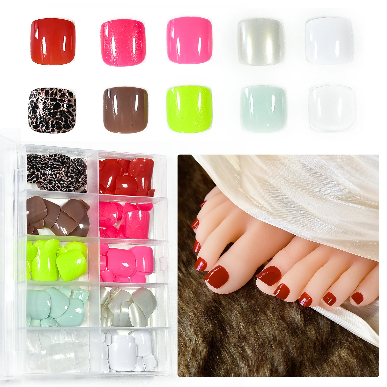 10 Grid Press On Nails For Toe Glossy Fake Nails Art Reusable Toe Nails Solid Color Design