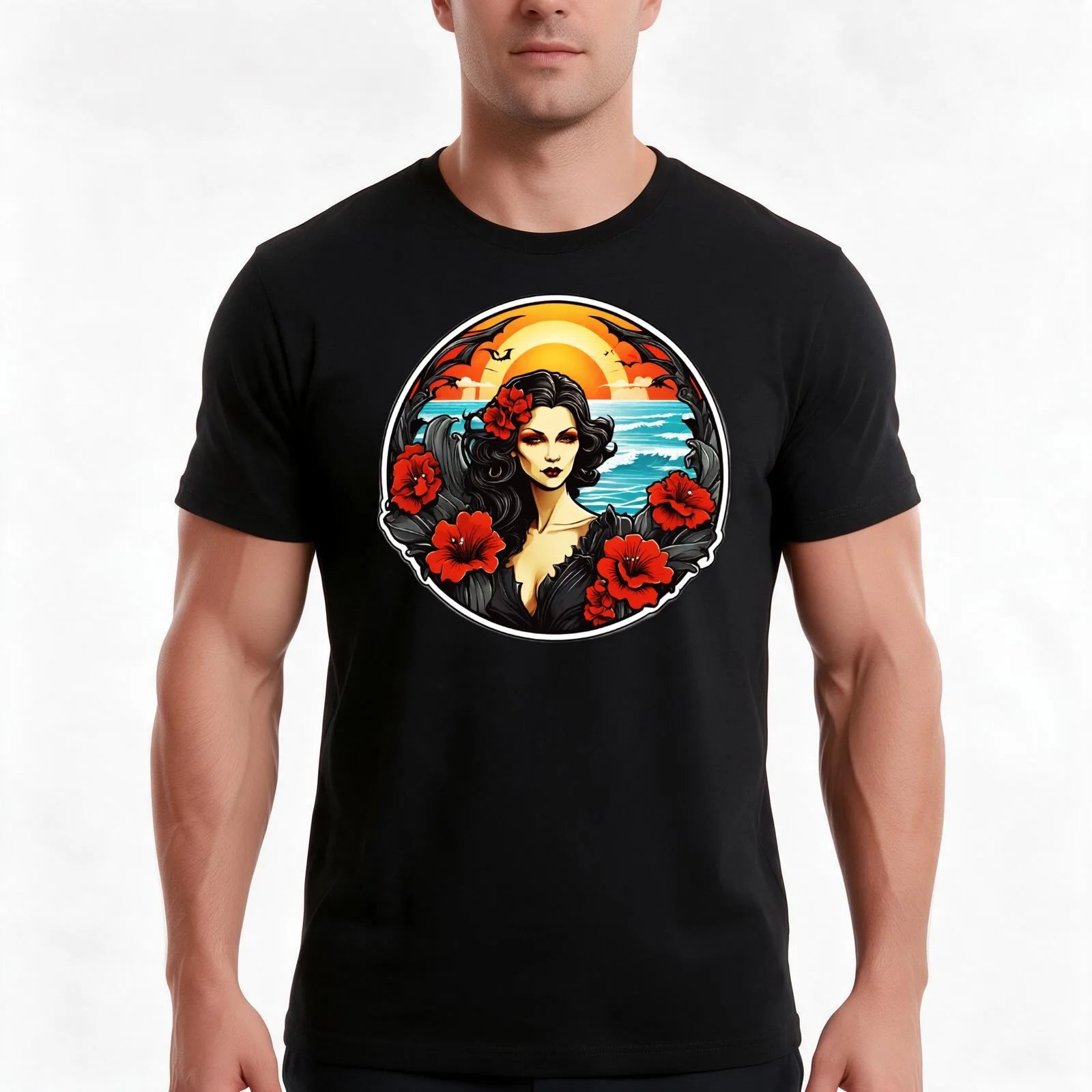 Gothic Vampire Lady with Red Lips and Orchids on a Beach at Sunset T-Shirt, Summer Casual Cotton Tee, Oversized Streetwear Tops