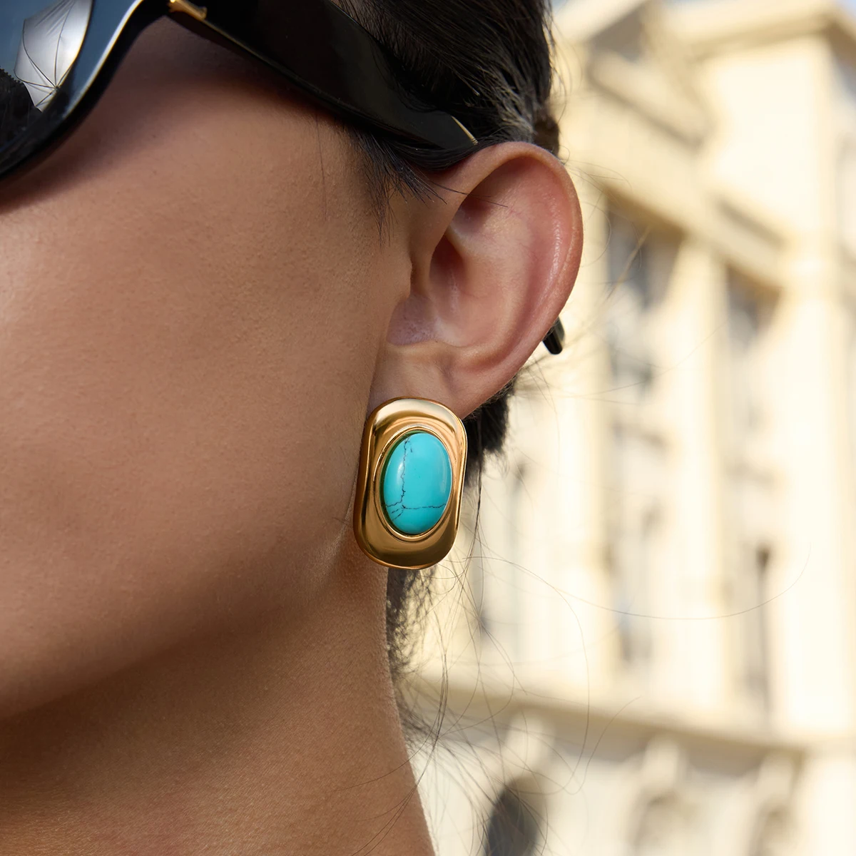 

AIKOER Vintage 18K Gold Color Plated Stainless Steel Oval Turquoise Ear Studs Exaggerated Oversized Autumn And Winter Earrings