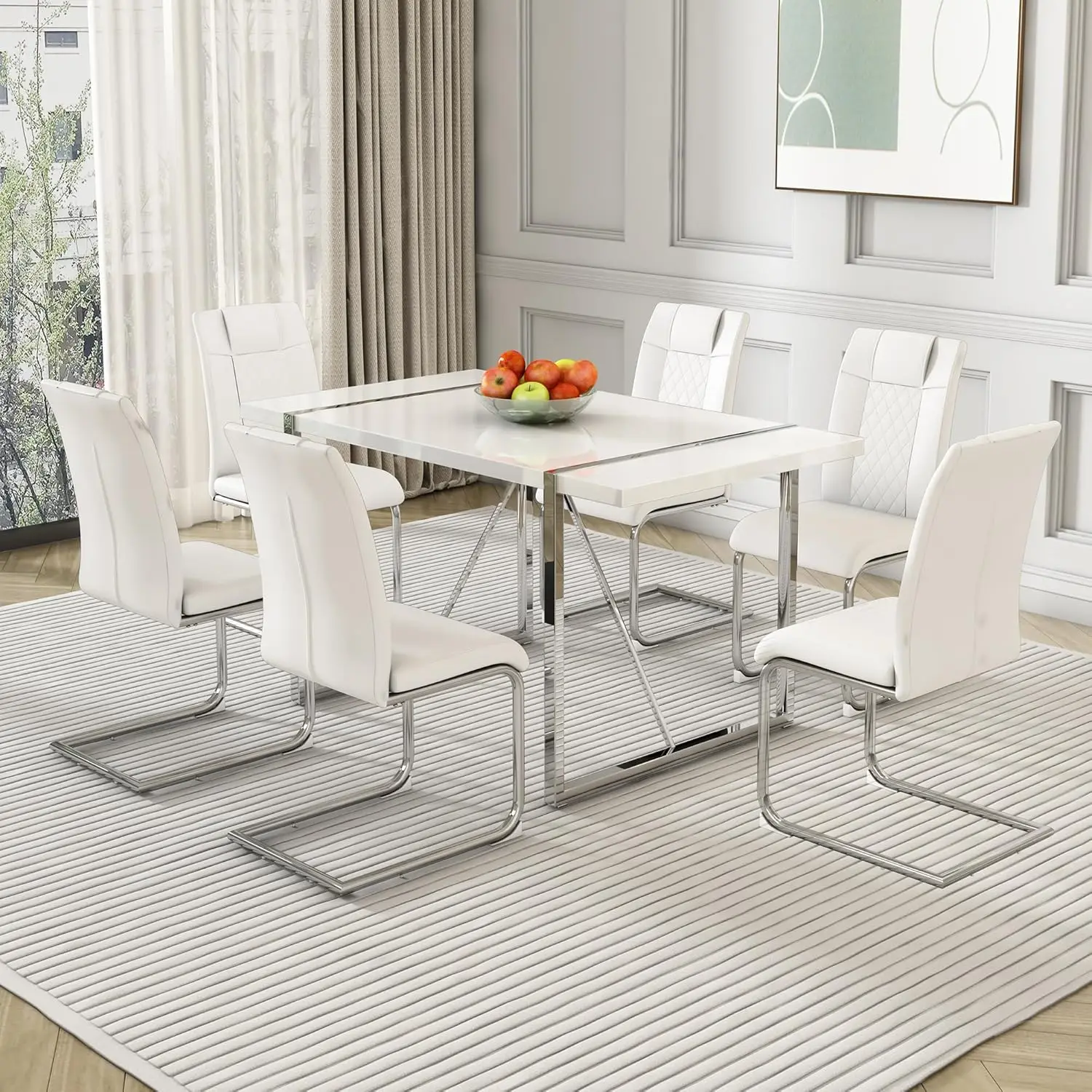 

Dining Table Chairs Set for 6, Modern Rectangular Dining Room Table with PU Leather Upholstered Chairs 55" Dinner, Customized