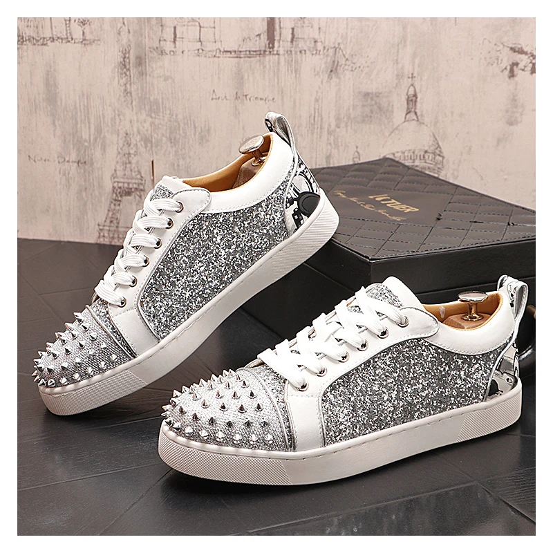 mens luxury fashion silver rivets shoes lace-up spikes studded shoe punk hip hop dress soft leather flats sneakers mans footwear