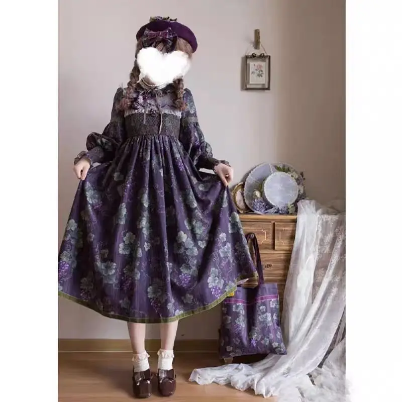 Coalfell Vineyard European Vintage Printed Standing Collar OP Long Sleeve Dress Women Lolita Original Lolita Dress