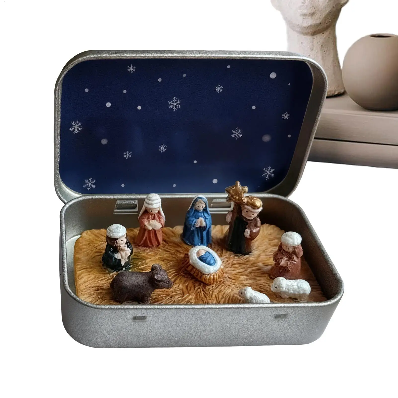 Mini Christmas Nativity Scene Ornament Set In Tin Box Handmade Pocket Bethlehem Scene Holy Religious Christmas Decorations