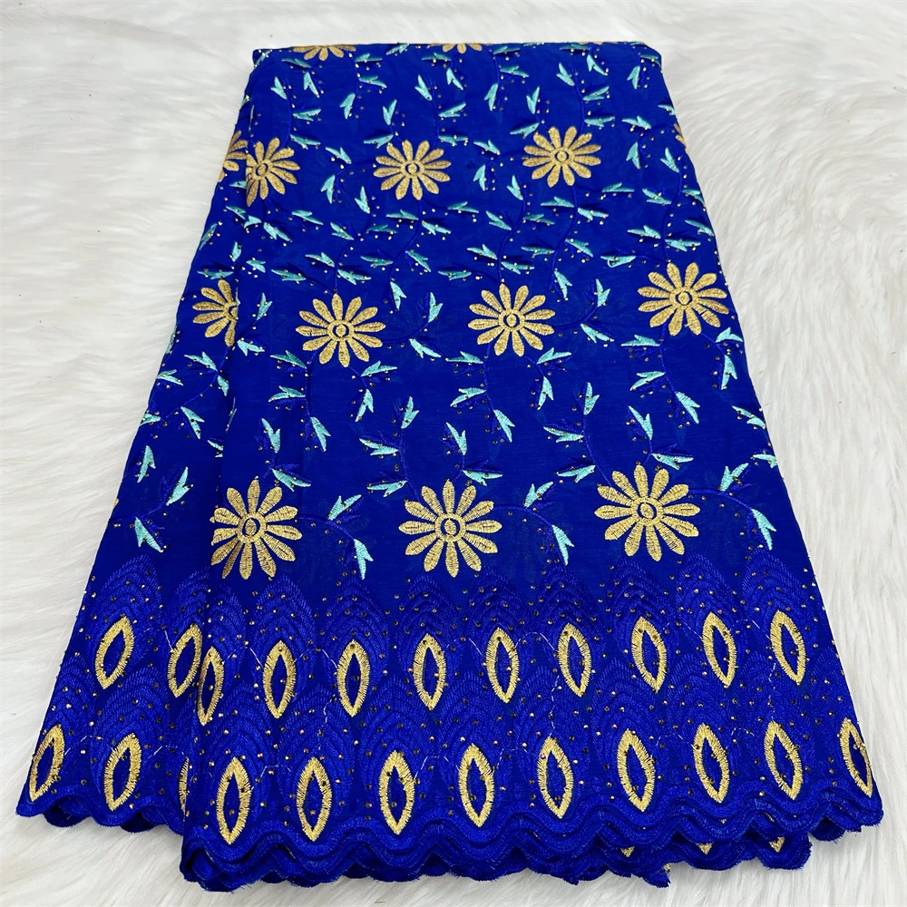 Blue Lace Fabrics With Rhinestones Cotton Embroidery African Swiss Voile Lace For Women Dress 5 Yards