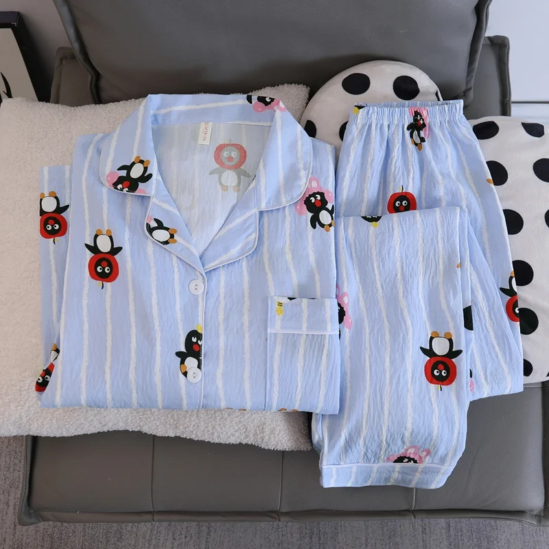 

Милый милый полосатый женский пижамный комплект с принтом пингвина для сна и отдыха, французская эстетичная одежда для сна в стиле каваи с героями мультфильмов, повседневный внешний пижамный комплект