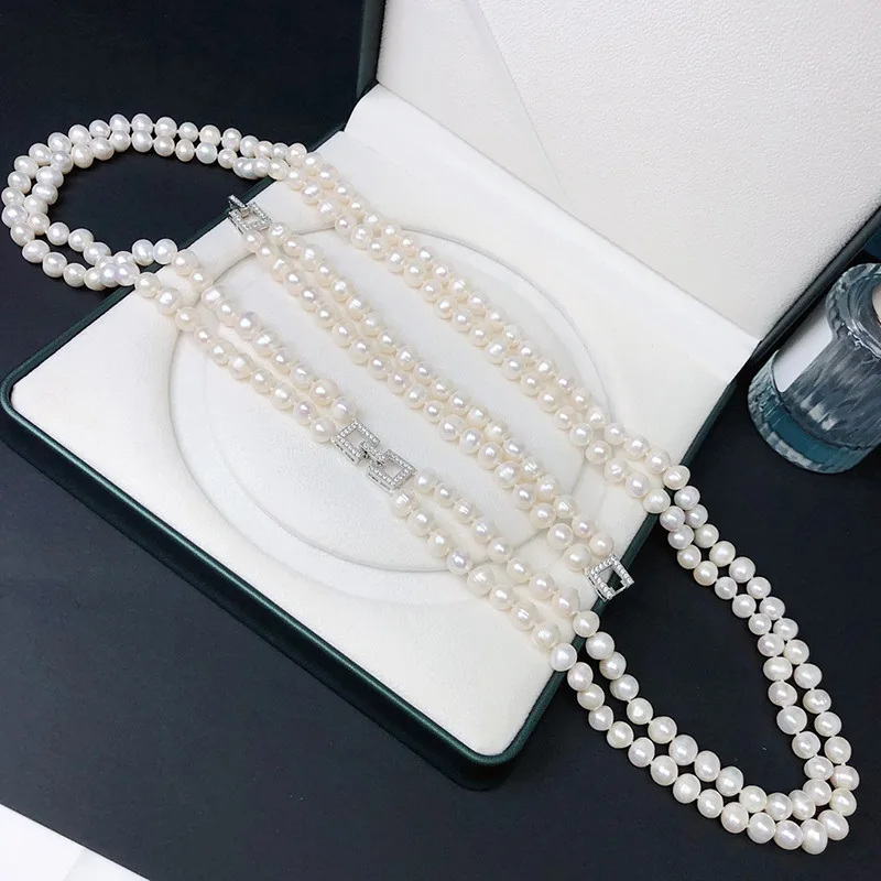 Natural Freshwater Pearl Sweater Chain Set for Women Versatile Double Layer Necklace Elegant Bracelet Necklace Two-Piece Set