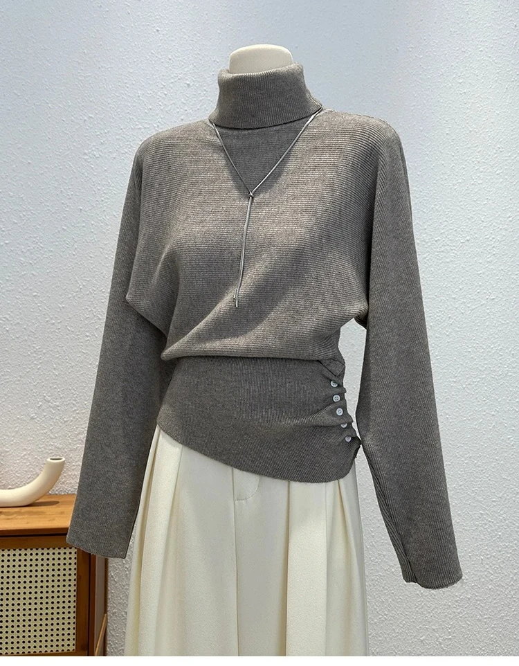 

Women Sweater Autumn Winter New Design Color Block Button Knit Pullover High Neck Warmth Top