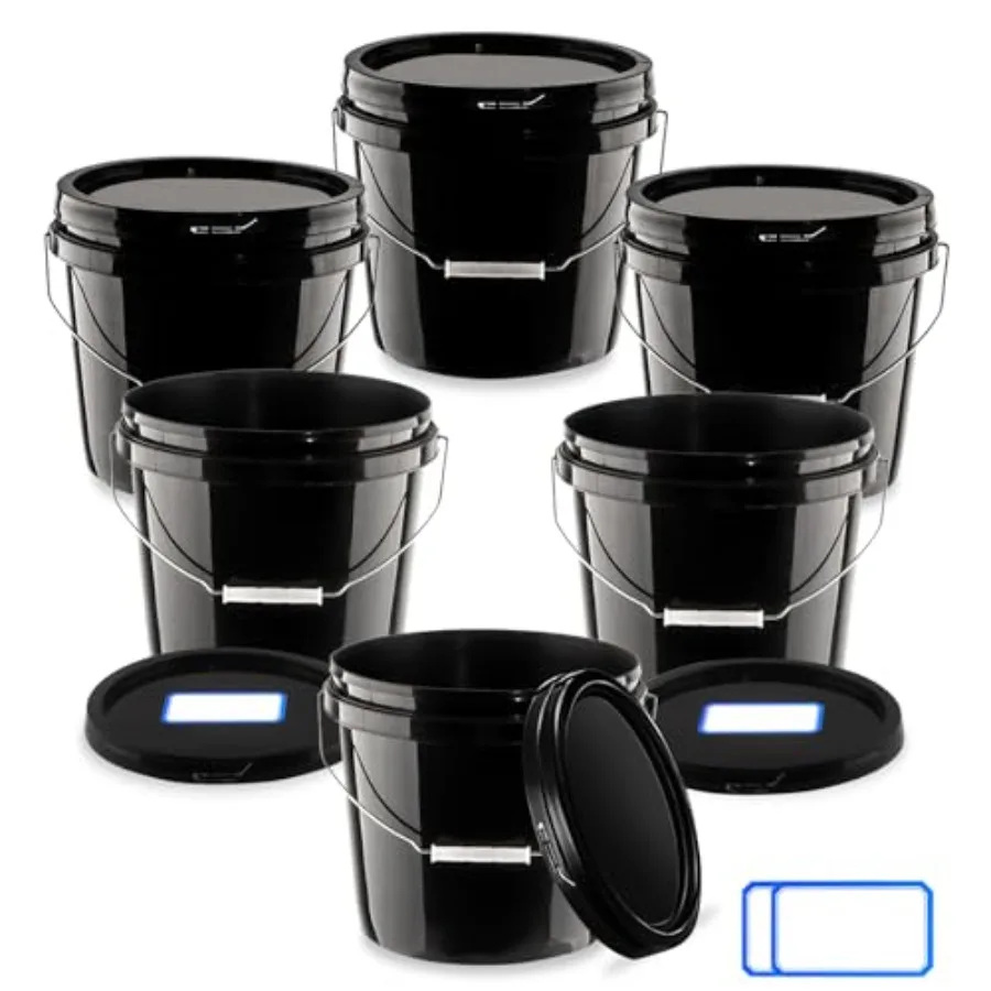 

6 Pcs 2 Gallon Black Bucket with Lid and Handle Large Plastic Storage Paint Pail Brine Fermenting for Beer Wine or Any Other Fe