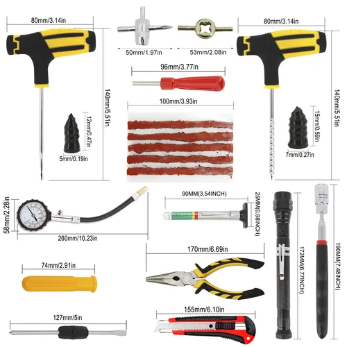 Imagen 2 del producto Kit de reparación de neumáticos de coche, juego de herramientas para pudín de pinchazos de neumáticos sin cámara, película de vacío para motocicleta, clavo con linterna magnética, medidor de recogida