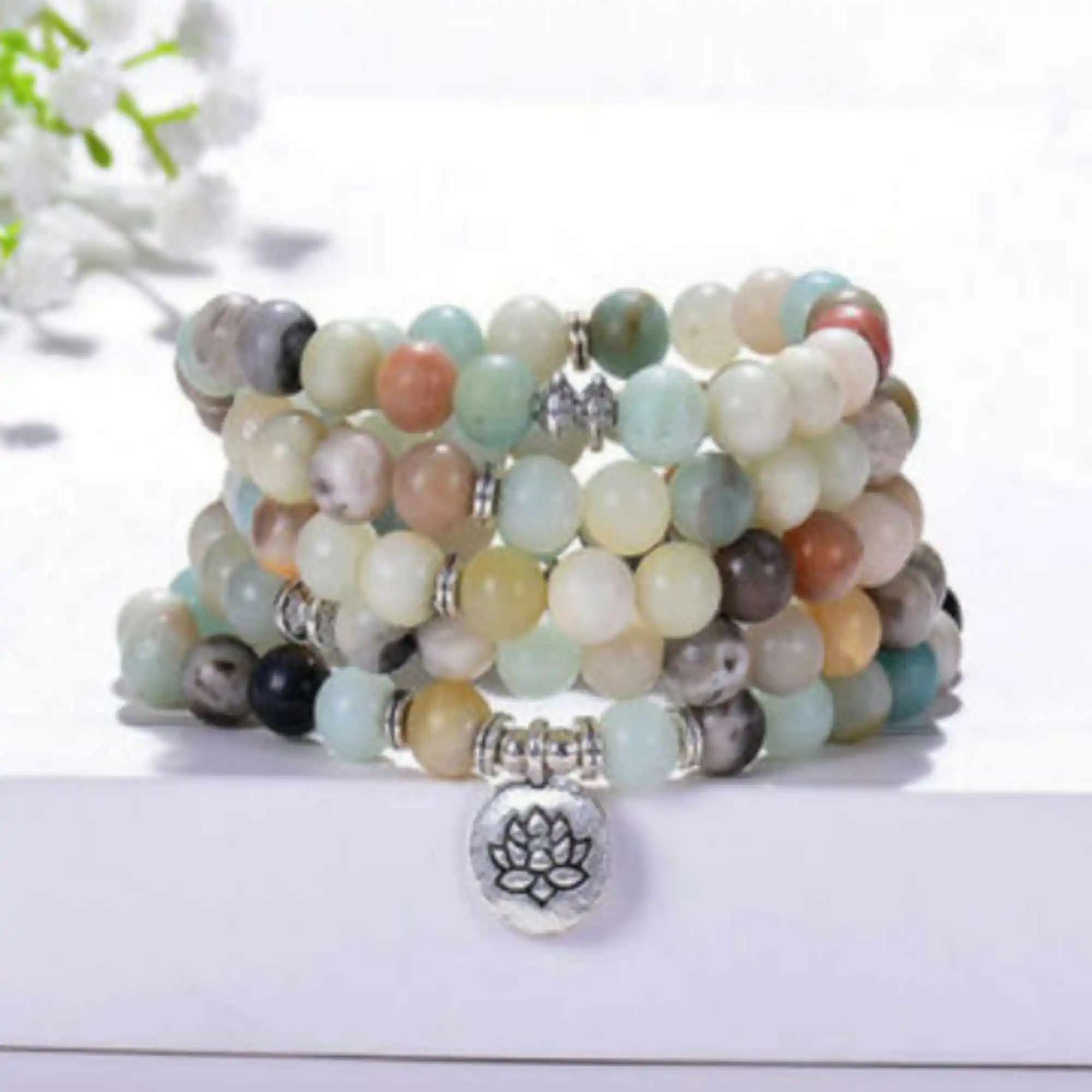 

6mm Frosted Amazoniteite Bracelet 108 Beads Lotus Pendant Pray Bless Semi-Precious Stones Gift Artisan Eco-Friendly Office Wear