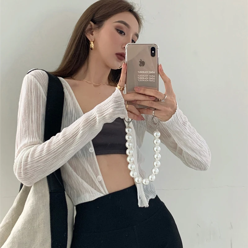 Pearl Diary Summer Thin V-Neck Sunscreen Shirt Knitting Single-Breasted Top Women Beach Outing Long Sleeve Cardigan