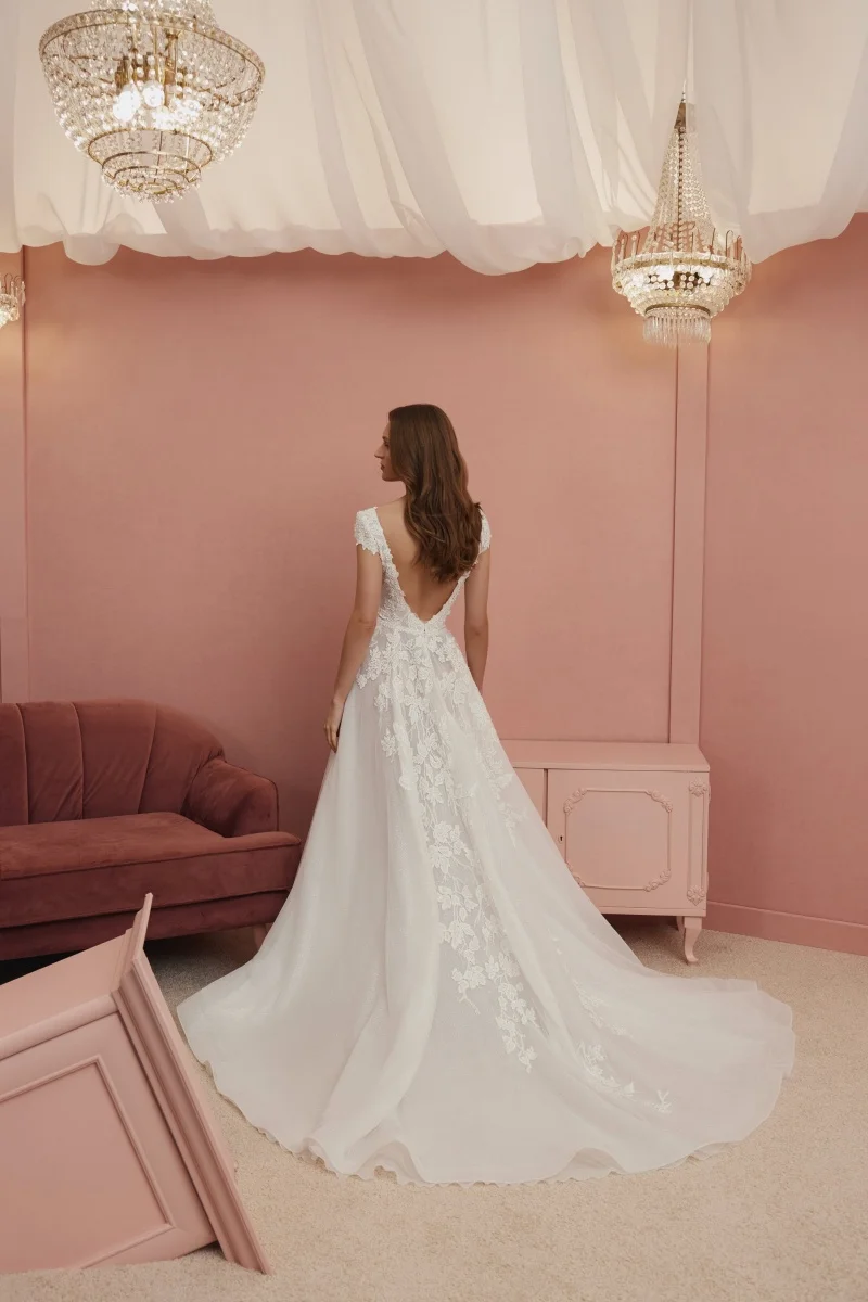Elegant Church Style Wedding Dress, Deep V White Long Train, Sleeveless Floral Slim-Fit Backless Wedding Gown, Customizable.