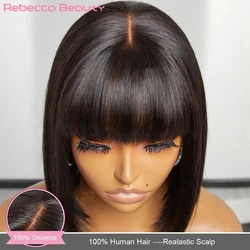 Perucas retas de cabelo humano com franja, sem cola, parte do meio, Bob Lace Wig, brasileiro, desgaste para ir, Rebecca