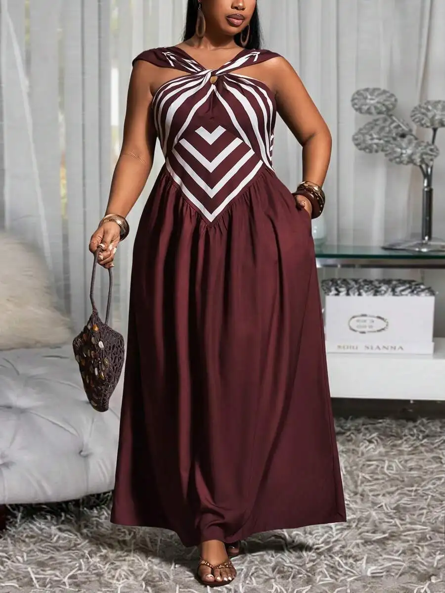 

Plus Size Women Sleeveless Striped Halter Maxi Dress Summer Vacation Casual