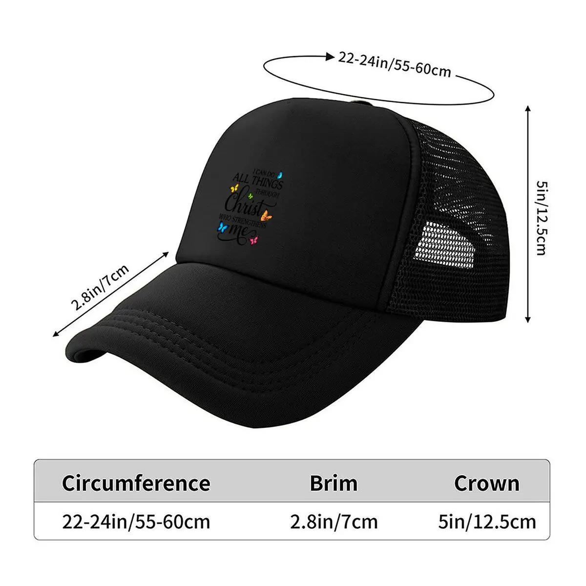 I Can Do All Things Through Christ Who Strengthens Me Colorful Butterflies Christian Quote Graphic Mesh Baseball Cap Dad Hat