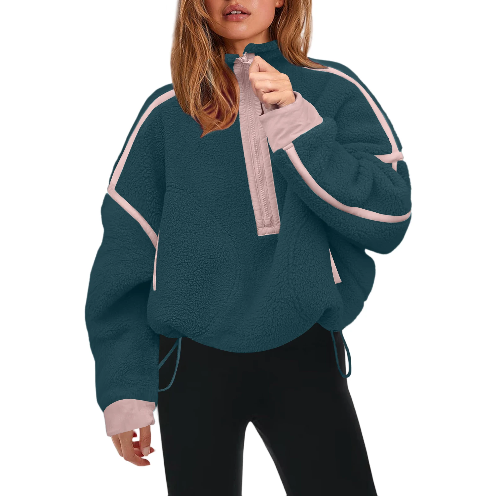 

2026 New Spring Ladies Zipper Hoodie Long Sleeve Stand Collar Casual Patchwork Color Block Top with Pocket Street Style