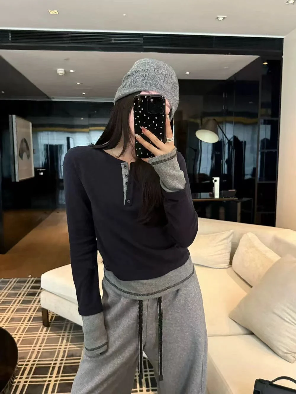 Commute Sle Fce Forrado f Cuello abierto Color Blo Falso Base de dos piezas irt Pequeño irt Versión coreana Slim Fit Algodón...