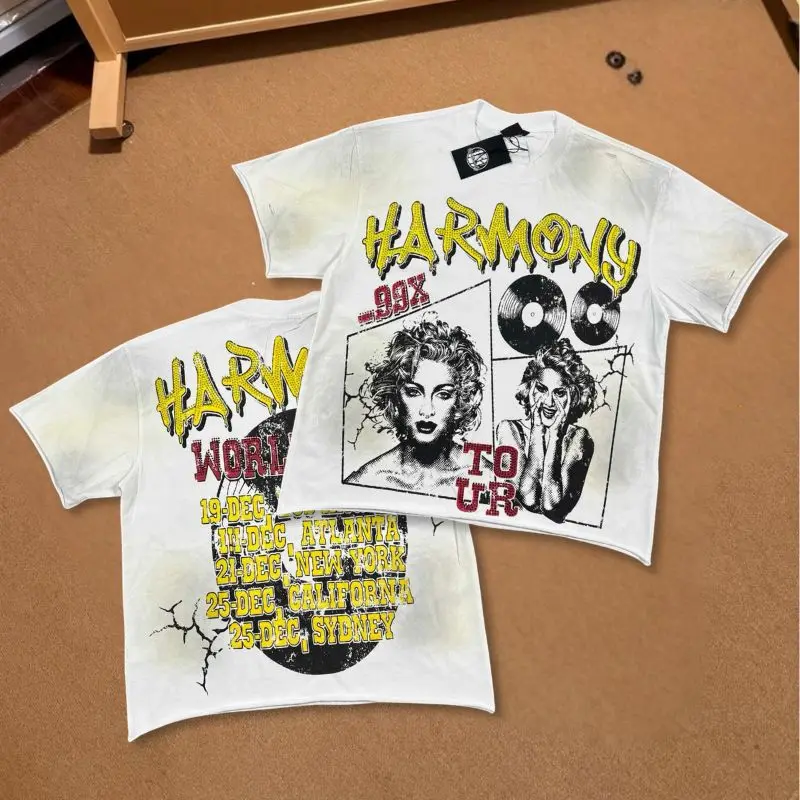 Record Woman Graffiti Rhinestone Letter Washed Worn White HARMONY Tshirts Men Round Neck Cutting Short Sleeve Street Outfit