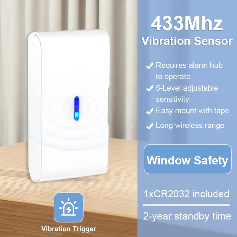 

Wireless Window Shock Glass Break Detector 433MHz Door Vibration Sensor with Senstitive Adjustment for Security Alarm System