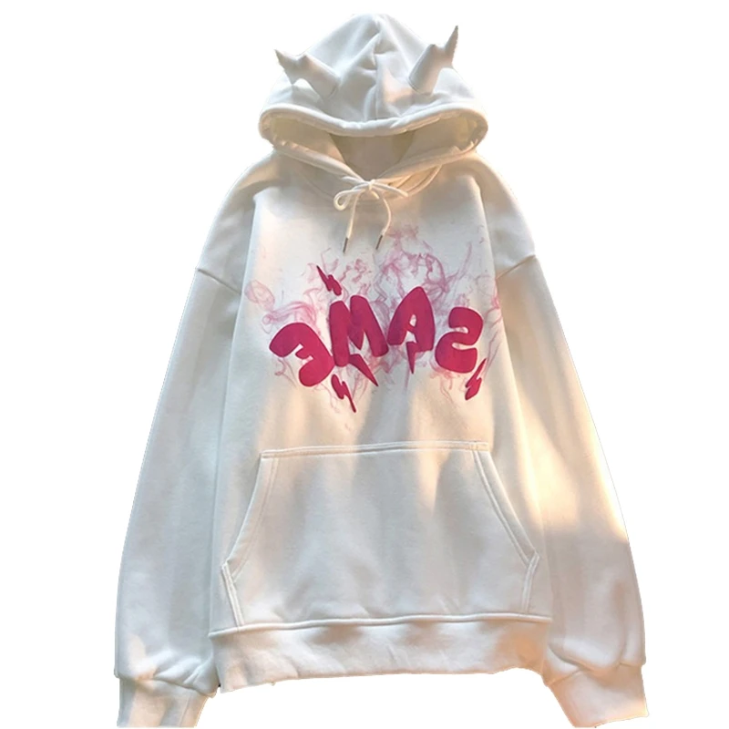 Women's Graffiti Bubble Print Sweatshirt Funny Horns Pullover Tops Hip Hop Long Sleeves Hoodie Loose Sweatshirt Tops