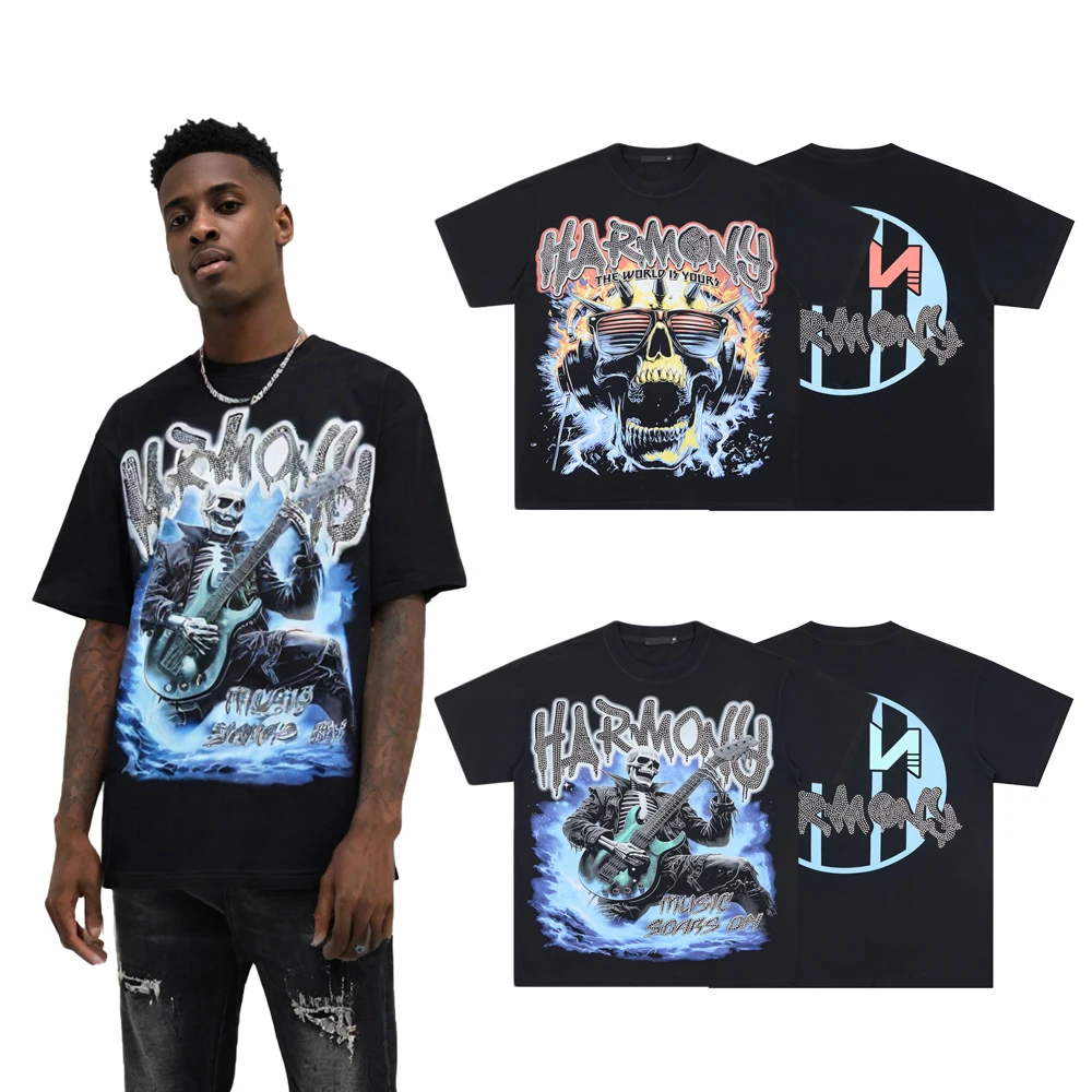 Summer Street Wear Clothing Y2k Rock Revival Skulls Graphic T Shirts Hip Hop Street Style Cotton Retro Vintage Short Sleeve Tees