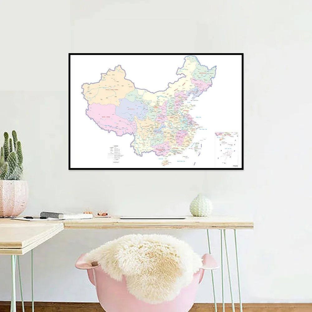 Płótno wodoodporne mapa chińska z sąsiadowymi krajami w języku angielskim sypialnia Home Decor artykuły szkolne poziome 594*420mm