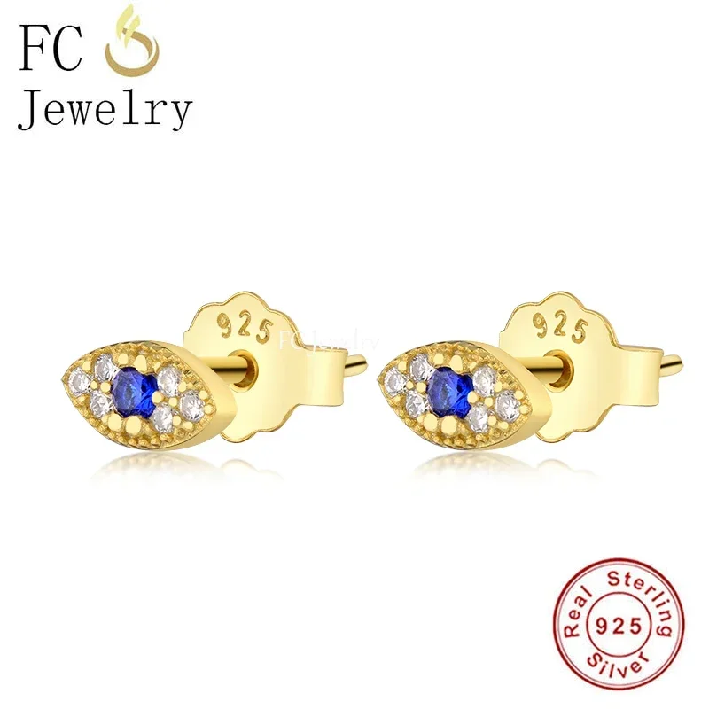 FC Jewelry 100% 925 Sterling Silver Simple Gold Color Turkish Evil Eye Blue Zirconia Stud Earrings Girl Women Brincos 2020 NEW