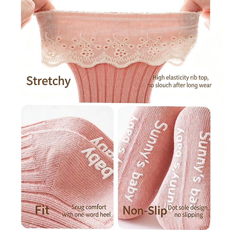 4/8 Pairs Toddler Infant Girls Anti‑Slip Floor Socks  Lace Ruffle Cuff Baby Girls Socks Princess Mid‑Calf Socks For Girls