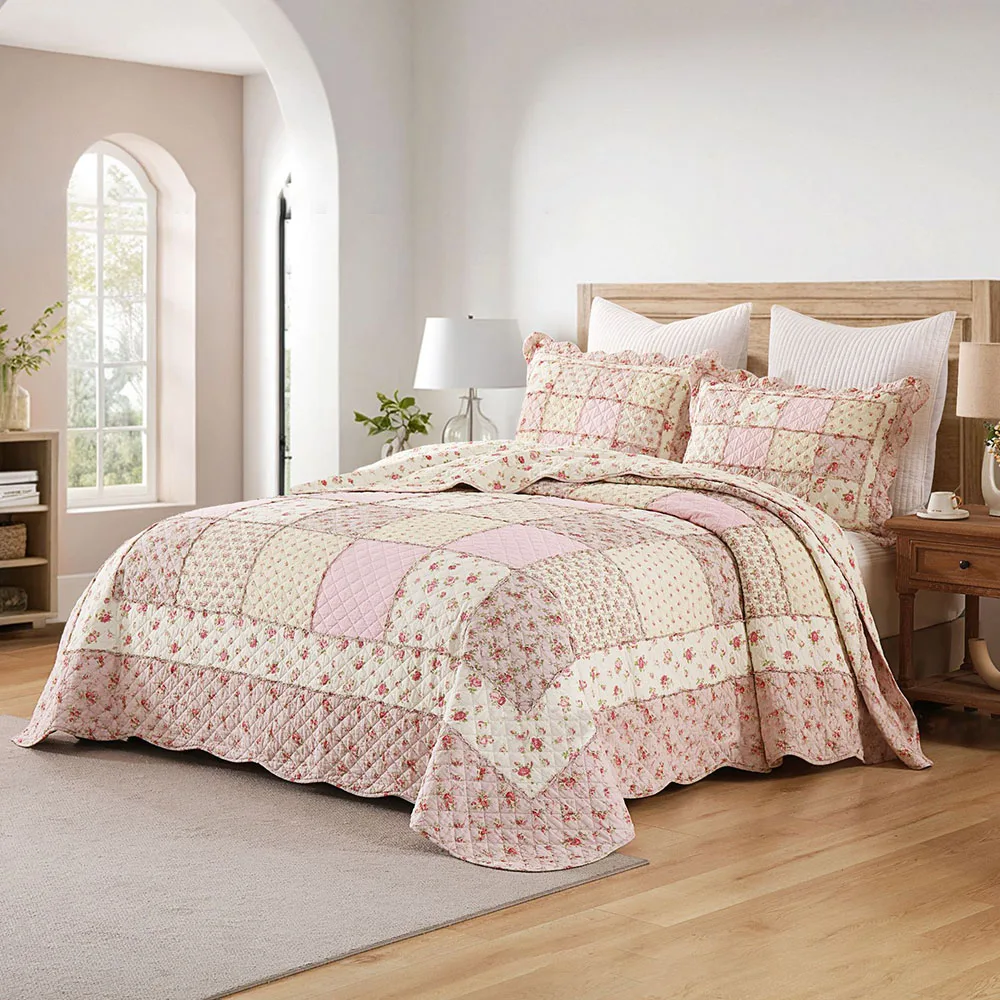 Pink Floral Cotton Quilt Set 3PCS King/Queen Size Patchwork Bedspread All-Season Comforter Blanket for Bed