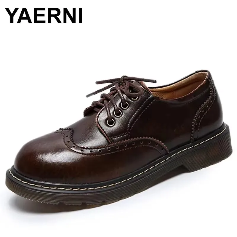 

2025 г., коричневые кожаные туфли в британском стиле в стиле ретро, броги с острым носком, женские кожаные черные туфли на плоской подошве, туфли-лодочки zapatos