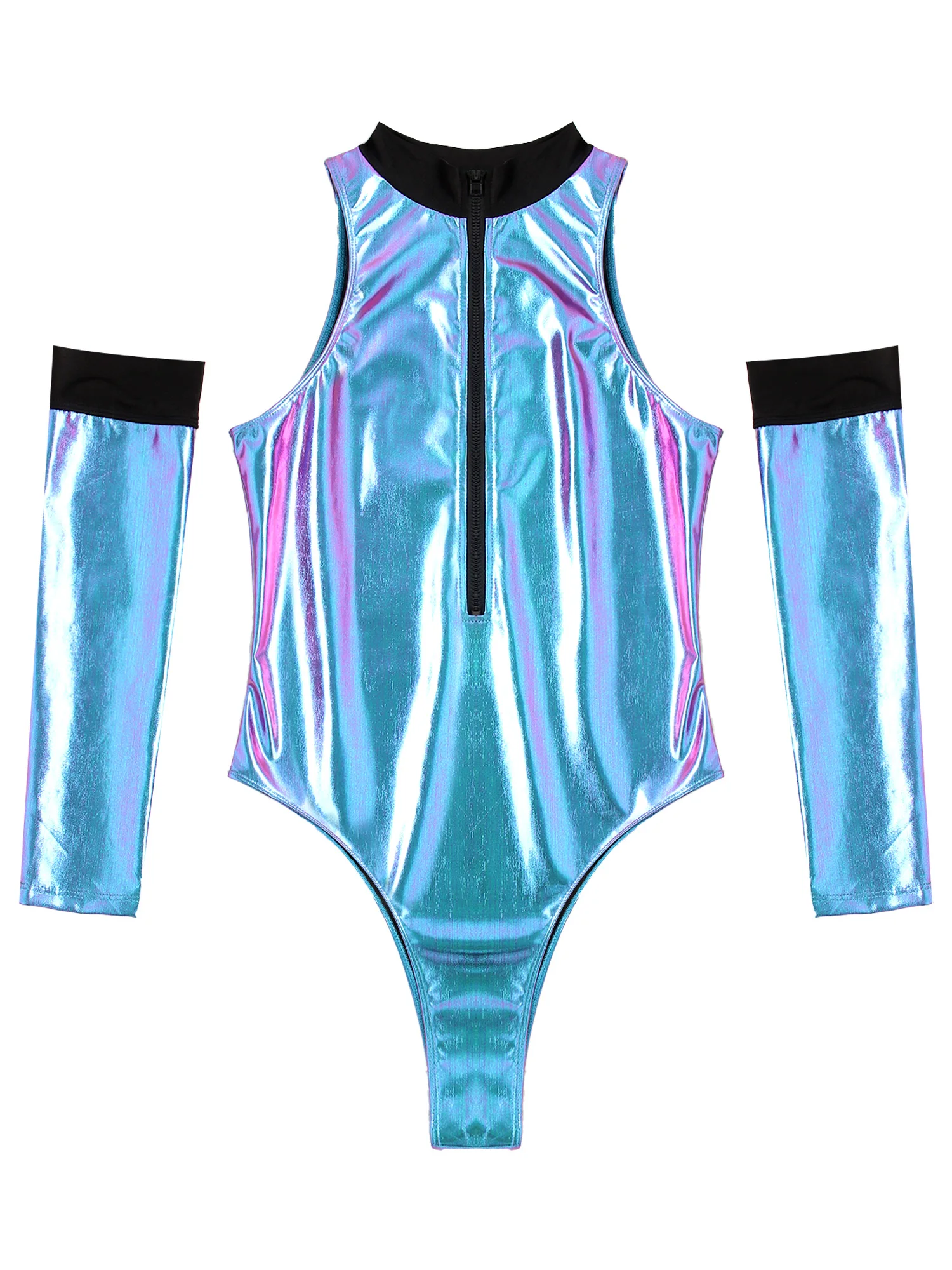 Sexy Astronauta Role Play Costume Mulheres Pole Dance Party Outfits Clubwear Brilhante Catsuit Tanga Metálica Bodysuit com Oversleeve