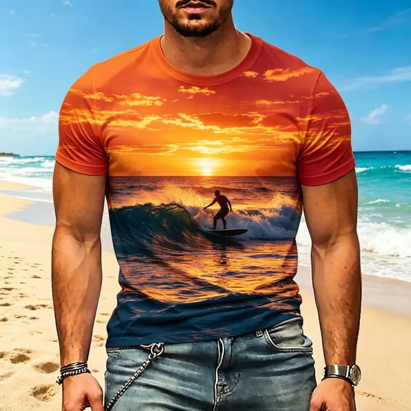 Men's Natural Ocean and Stream Landscape Printed Short Sleeve T-shirt,  for Summer Vacation, Outdoor Exploration&Daily Dressing