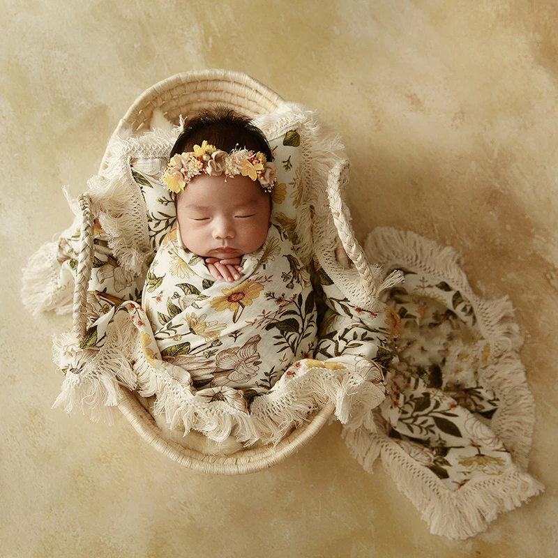 Newborn Photography Wraps Stretch Printed Wrap Blanket Pillow +Doll+Pose Baskets For Shooting Props Studio Photo Accessories