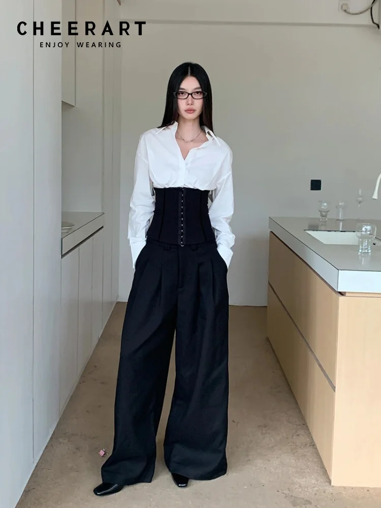

CHEERART офисная одежда, женские широкие брюки, черные длинные брюки, комплект с корсетом, рубашка, женские брюки, модная одежда