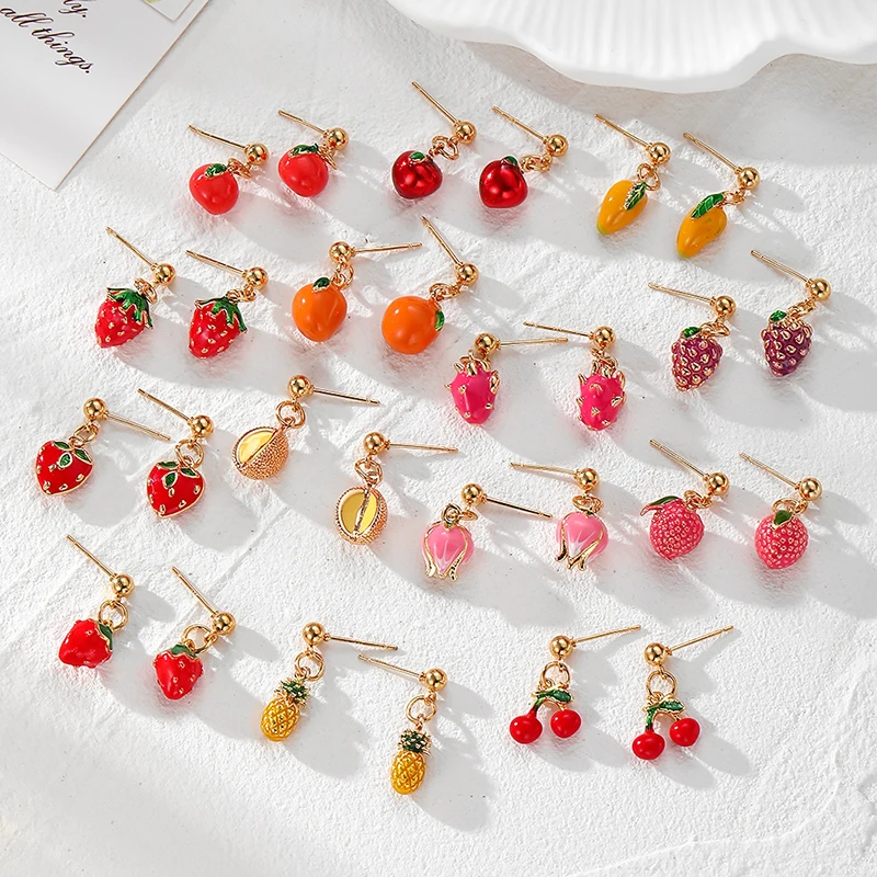 Copper Alloy Strawberry Cherry Durian Fruit Drop Earring Cute 3D Simulation Mango Pineapple Apple Orange Lychee Food Eardrops