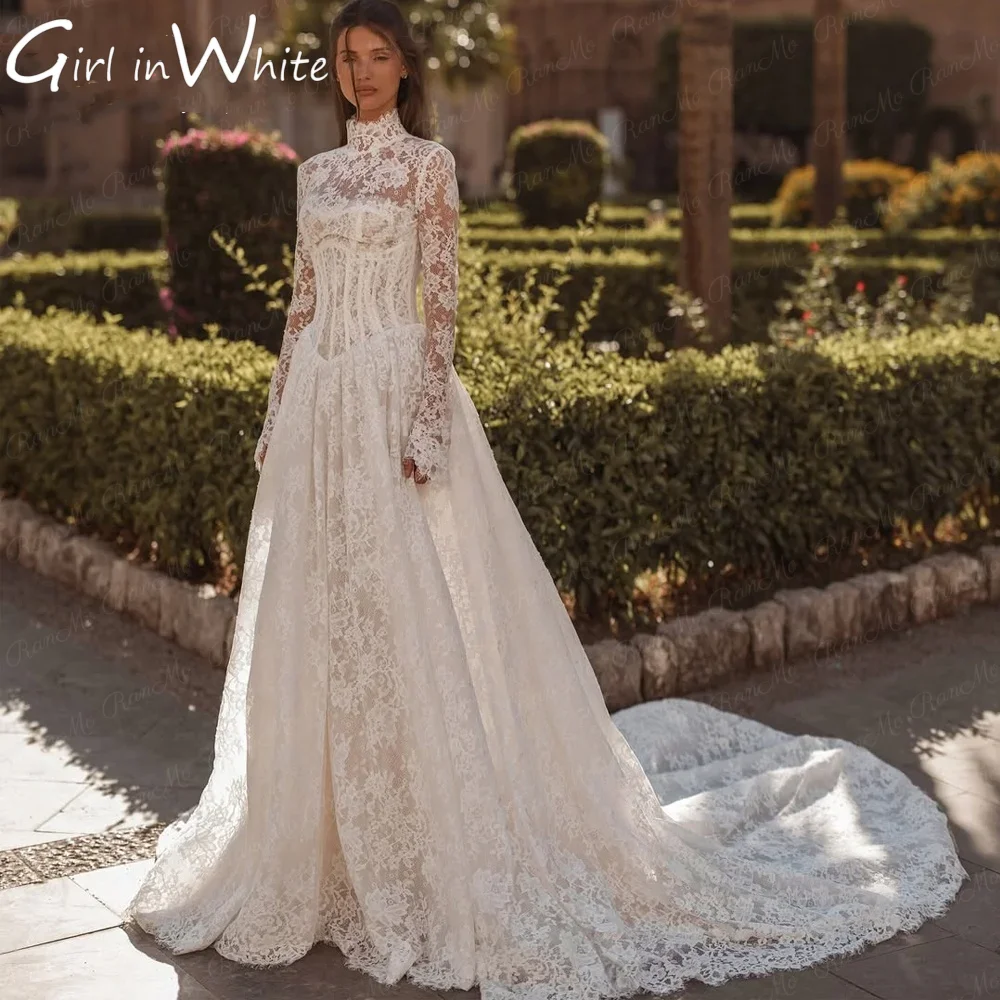 Lace Wedding Dress High Neck A-Line Long Sleeves 2025 Wedding Gowns Luxury Backless Boho Bridal Ball Prom Dress Customised
