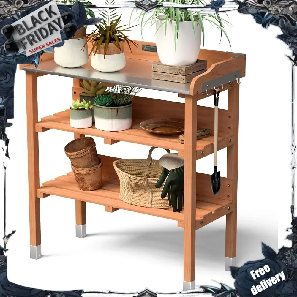 Banco de macetas para jardín, mesa de estación de trabajo de madera para exteriores con sobremesa de acero galvanizado, 5 ganchos, estantes de almacenamiento de 2 niveles