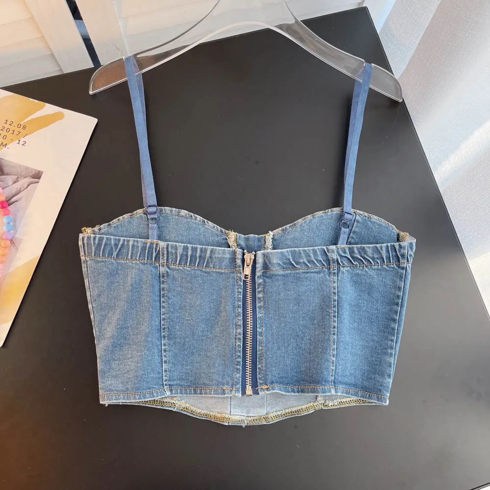 Design con cinturino sexy ort Denim Crop Top Capispalla da donna Faion Trend Bal Commute Sle Colore puro Altro materiale
