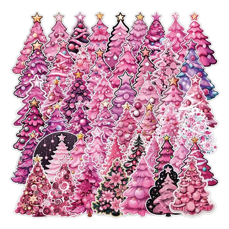 

50PCS New Pink Christmas Tree Sticker Cabinet Window Wall Decoration Sticker Waterproof Creative Handbook Sticker