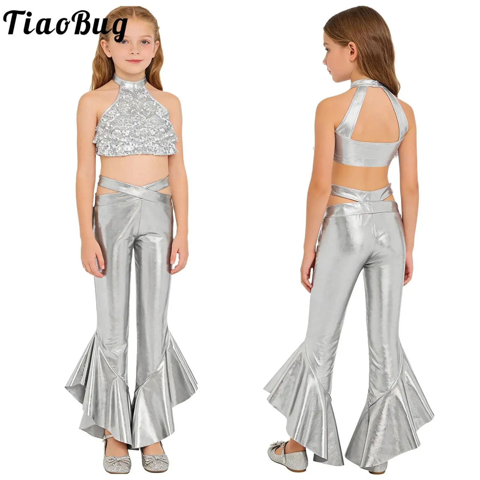 Kids Girls Metallic Disco Jazz Hip Hop Dance Cheerleading Outfits Sleeveless Shiny Sequins Tiered Crop Tops with Flared Pants