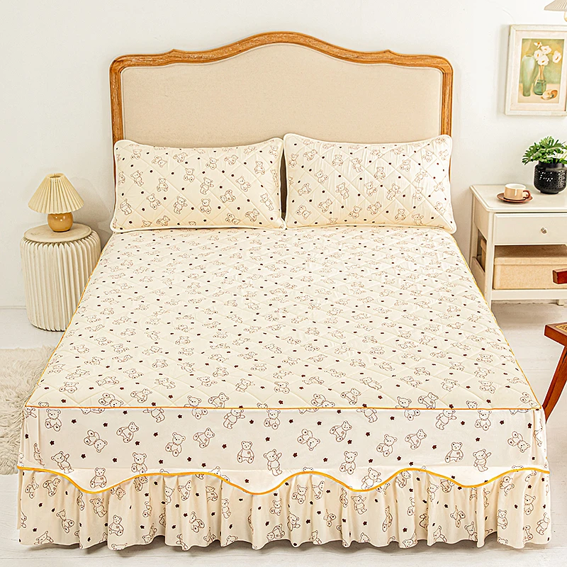 

Cute Bed Skirt Quilted Bed Cover Cartoon Style Bedspread Queen/King Size Skirt Type Mattreess Protector 침대커버 치마형 (No Pillowcase)