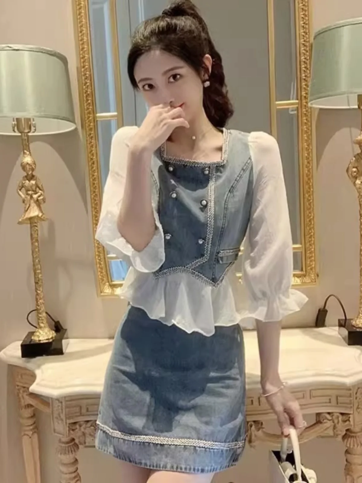 

Fashionable Short Skirt Set Women's Spring Summer New Small Size Sweet And Salty Denim Skirt Two Piece Set Anti-Aging