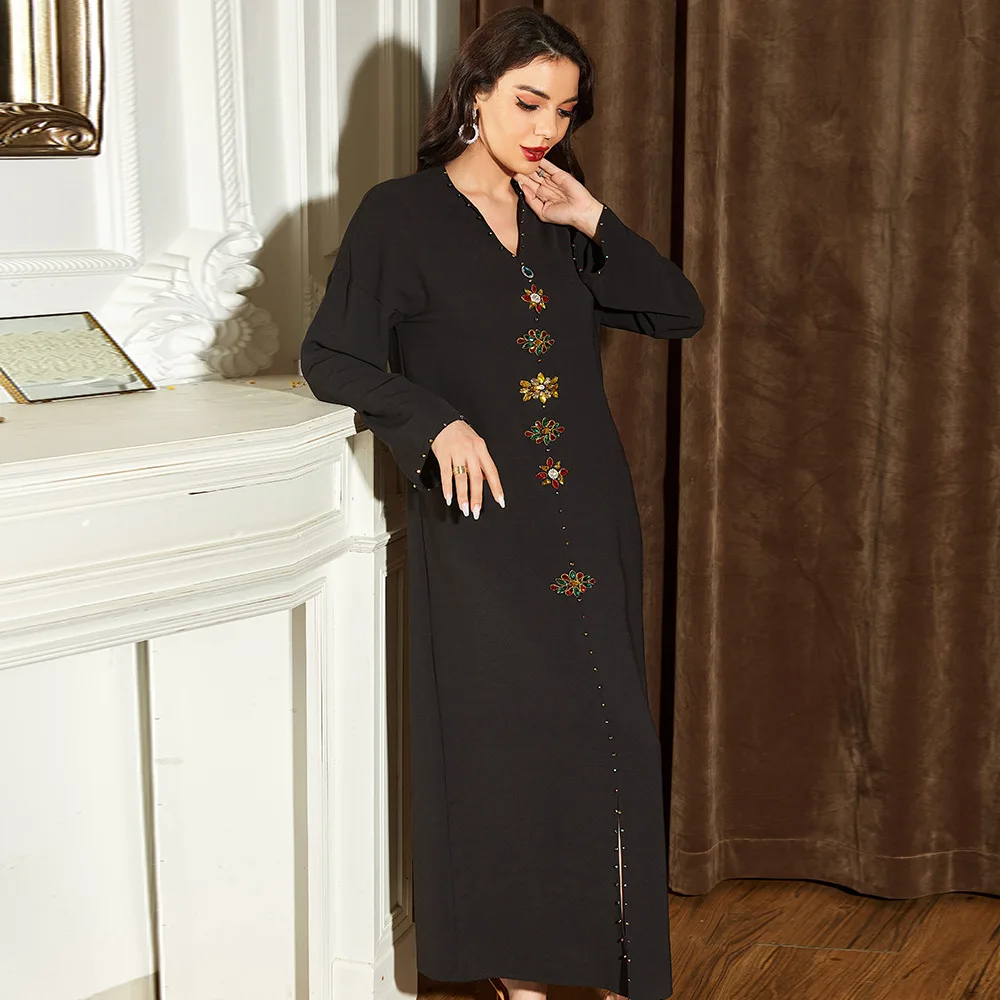 

Luxury Rhinestone Women Long Dress Islamic Abaya Moroccan Caftan Arab Jalabiya Middle East Muslim Maxi Robe Ramadan Eid Mubarak