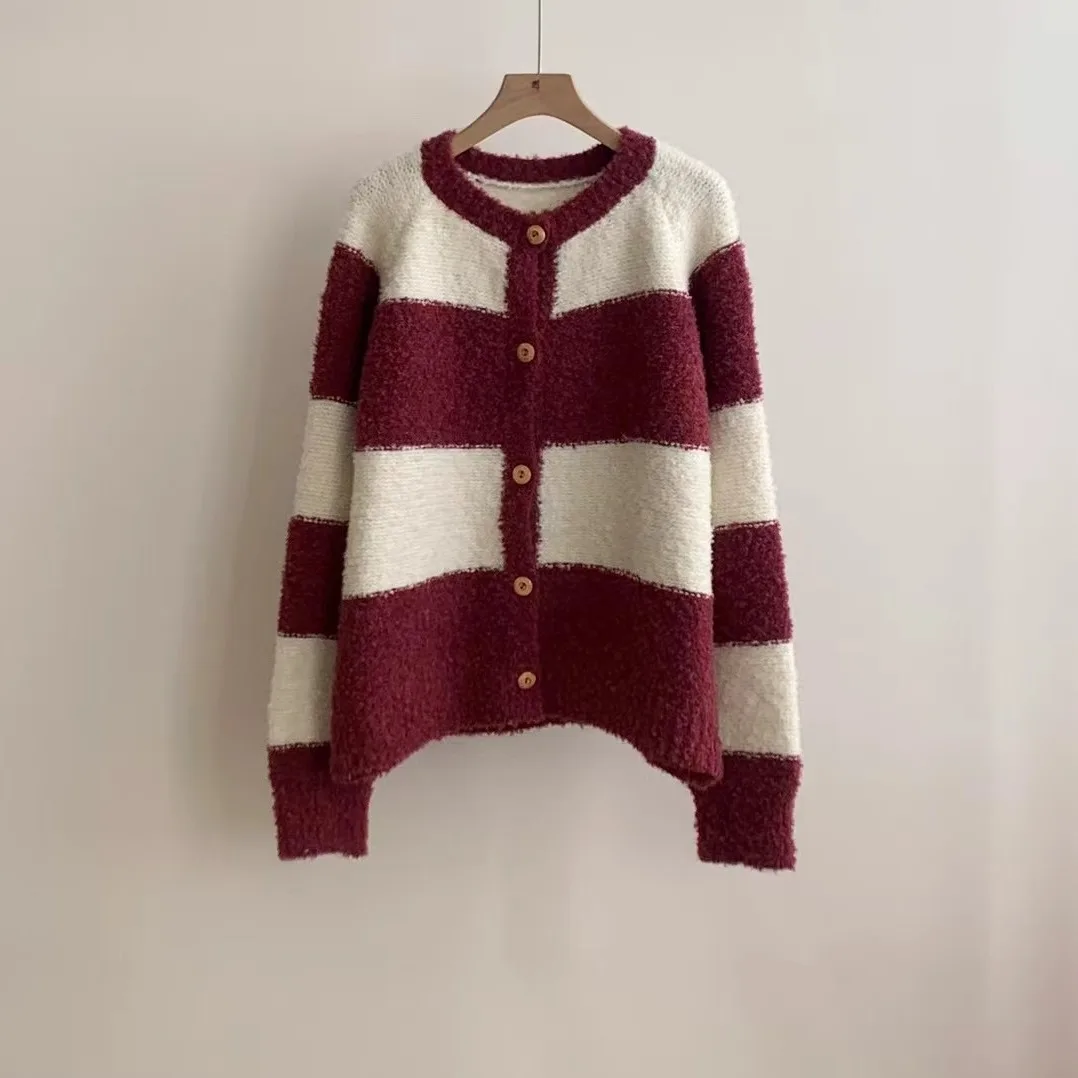 Hsa Striped contrast color sweater cardigan for women 2024 early spring new Korean style lazy loose high-end soft knitted coat