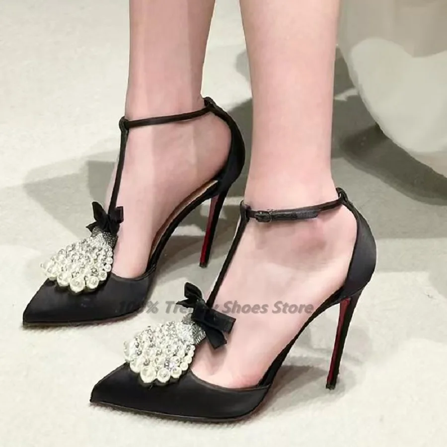 Sandalias de tacón fino con lazo de satén para mujer, puntera negra con diamantes de imitación y perlas y correa recta, tacones altos de moda